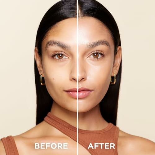 Comparison of a woman's face showing skincare results with before and after sections.