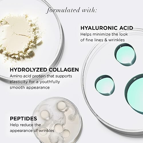 Skincare ingredients: hyaluronic acid, hydrolyzed collagen, and peptides.