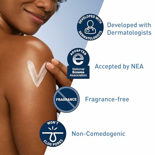 Woman applying cream with benefits: dermatologist-developed, NEA accepted, fragrance-free, non-comedogenic.