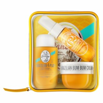 Brazilian beauty care set with Bum Bum cream and skincare products.