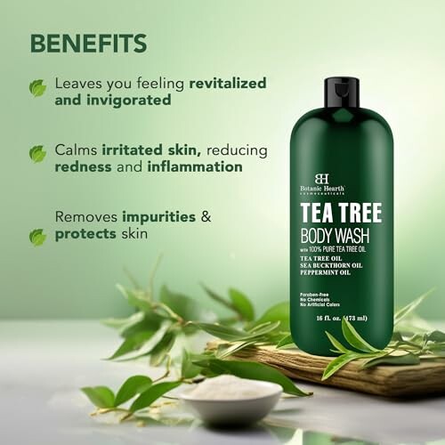 Tea Tree Body Wash bottle highlighting benefits like revitalizing skin, calming irritation, and removing impurities.