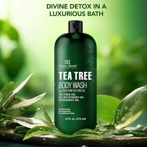 Tea Tree Body Wash with natural ingredients in a green bottle