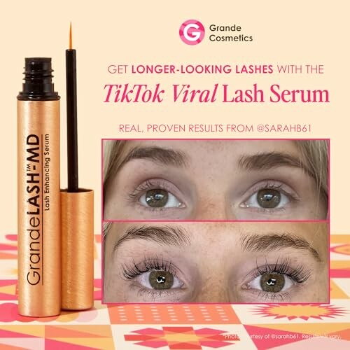 Grande Cosmetics lash serum promotion with before and after photos.