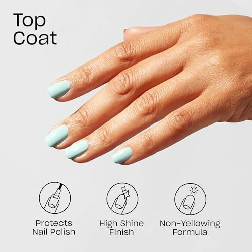 Hand with mint-green nails showcasing top coat benefits: protection, shine, non-yellowing.