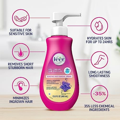 Veet Gel Cream Hair Remover for sensitive skin with benefits highlighted.