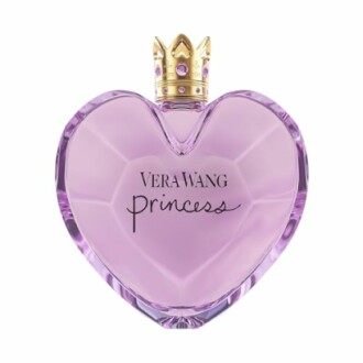 Heart-shaped bottle of Vera Wang Princess perfume with crown cap.