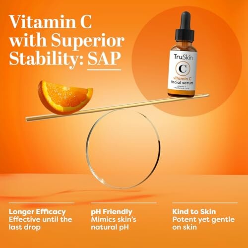 Vitamin C serum bottle balanced with an orange slice on a stick against an orange background, highlighting efficacy, pH friendliness, and skin benefits.