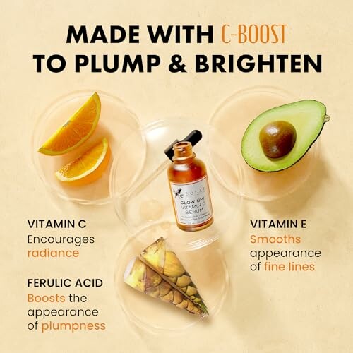 Vitamin C serum with fruit illustrations highlighting benefits