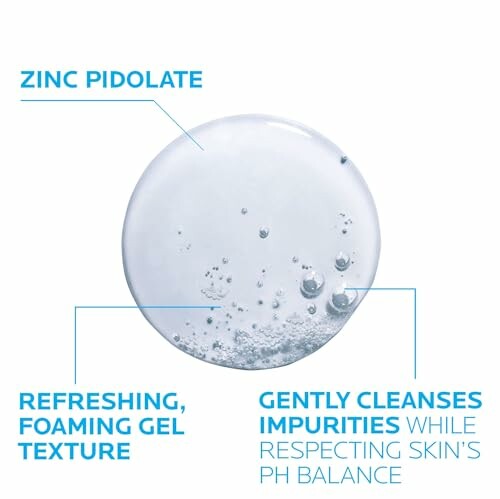 Circular foaming gel with text highlighting zinc pidolate benefits for cleansing impurities and pH balance.